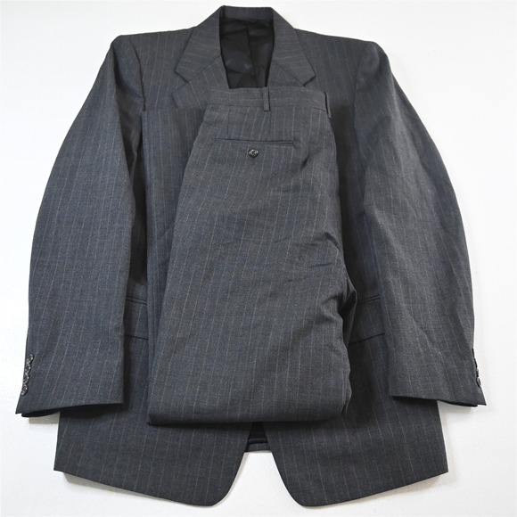 Vtg USA Made 42L 34x32 Gray Striped Wool‎ Slim Mens Jacket Pants Suit